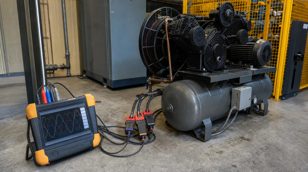 Power quality analyzer with current clamps measuring a reciprocating air compressor — DOE-funded efficiency testing