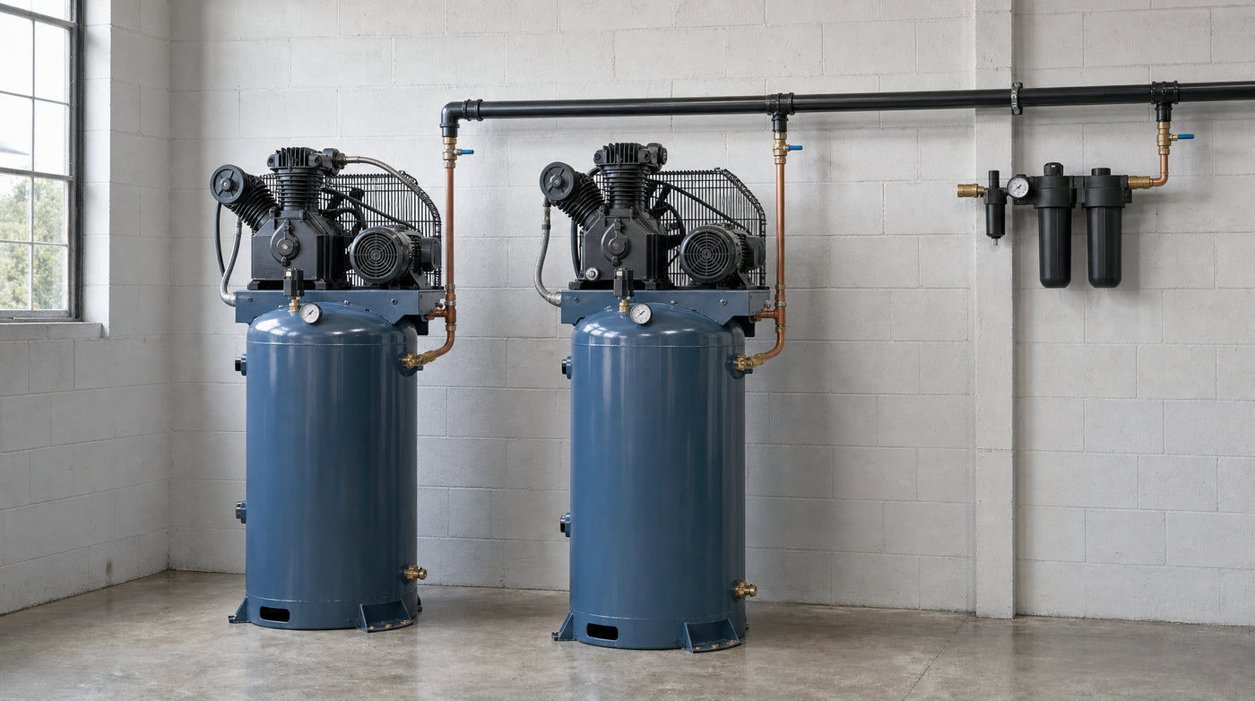 Two air compressors piped into a shared manifold — lead-lag control for two-compressor shops