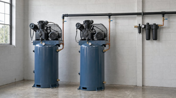 Two air compressors piped into a shared manifold — lead-lag control for two-compressor shops
