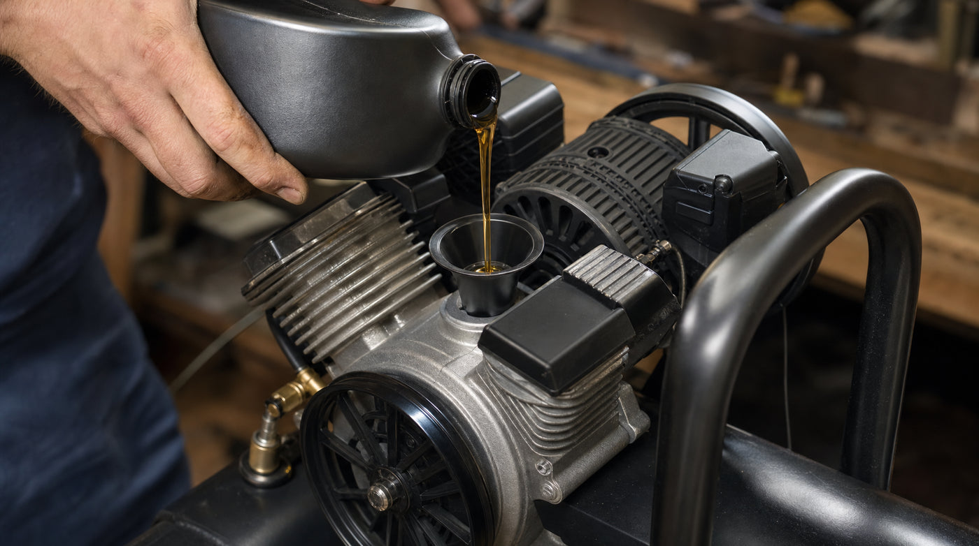 Compressor oil being poured into a piston compressor crankcase — how to choose air compressor oil