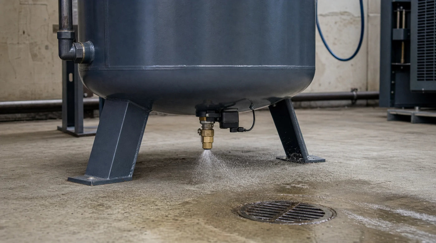 Automatic condensate drain valve discharging under a compressed air receiver tank — condensate management