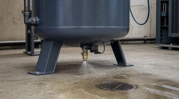 Automatic condensate drain valve discharging under a compressed air receiver tank — condensate management