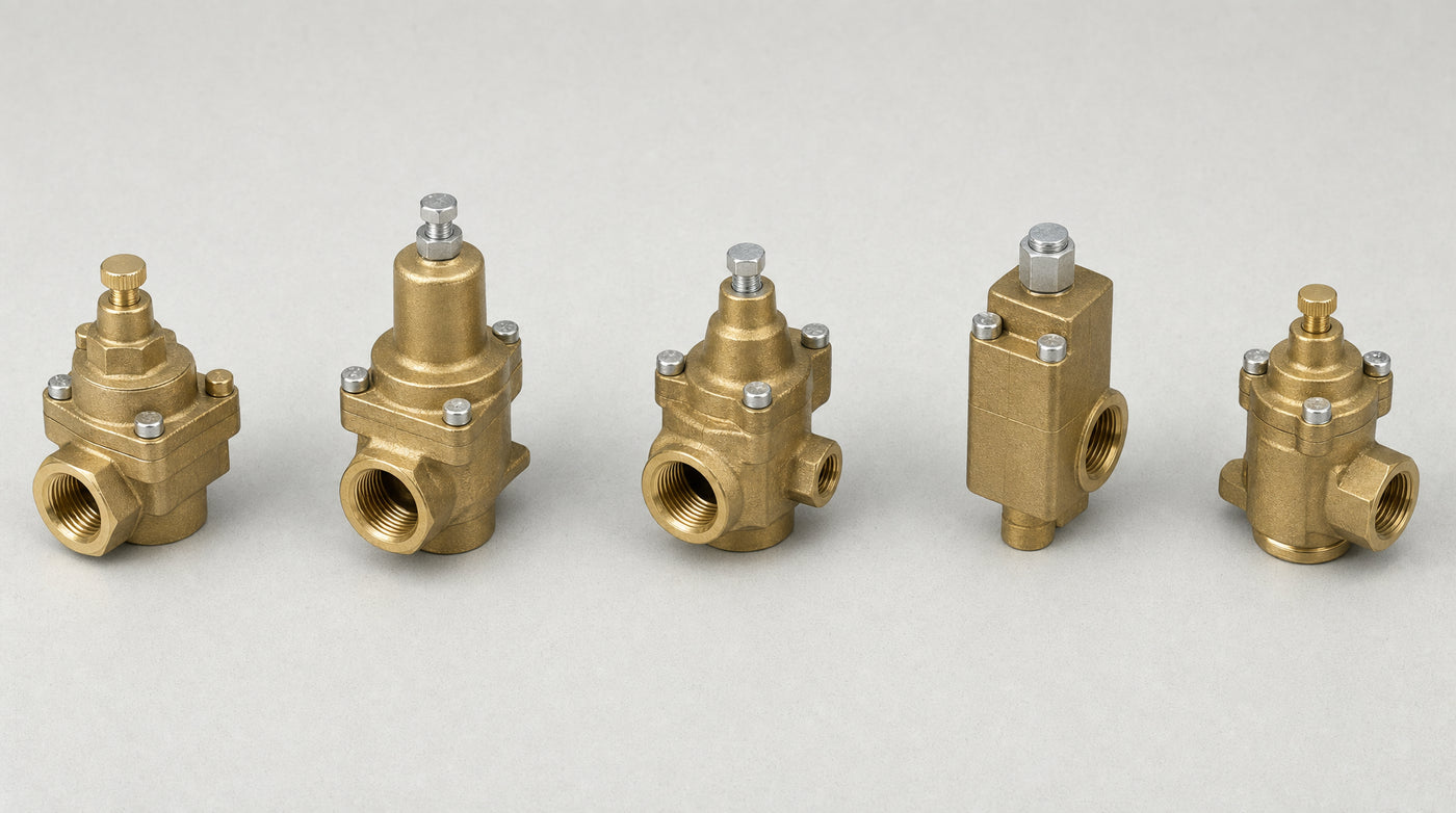 Five types of brass air compressor unloader valves on a workbench — unloader valve guide