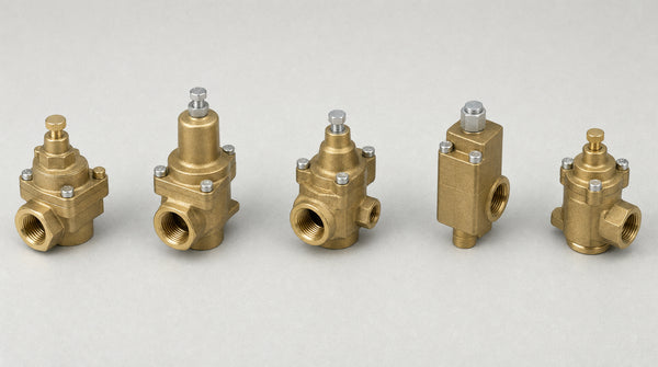 Five types of brass air compressor unloader valves on a workbench — unloader valve guide