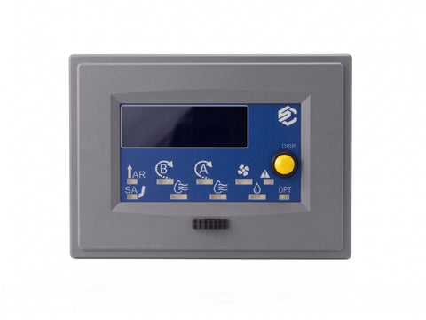 Compressor Controller Model C front panel: light gray enclosure, blue faceplate, display window, status indicators and a yellow DISP button