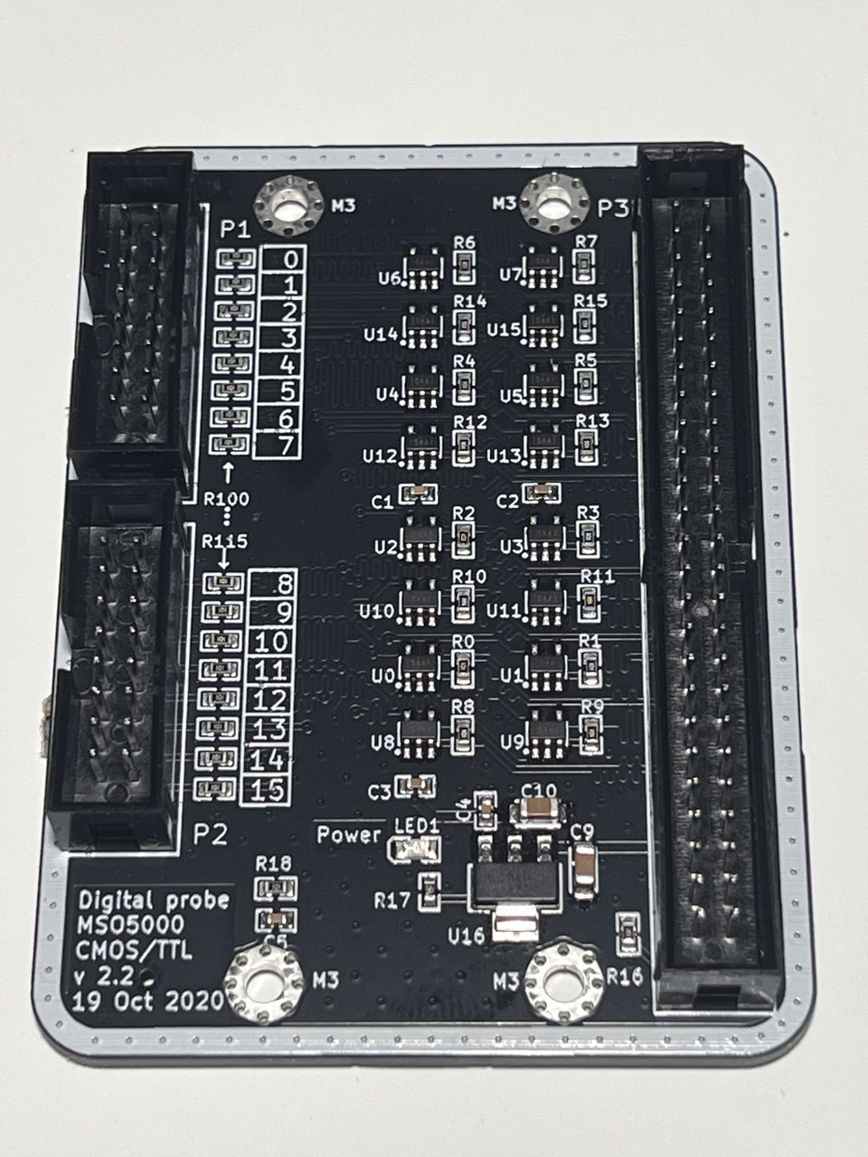 Logic Probe 16 v2.2 PCB showing 16 SN65LVDS1 LVDS drivers, P1 and P2 input headers